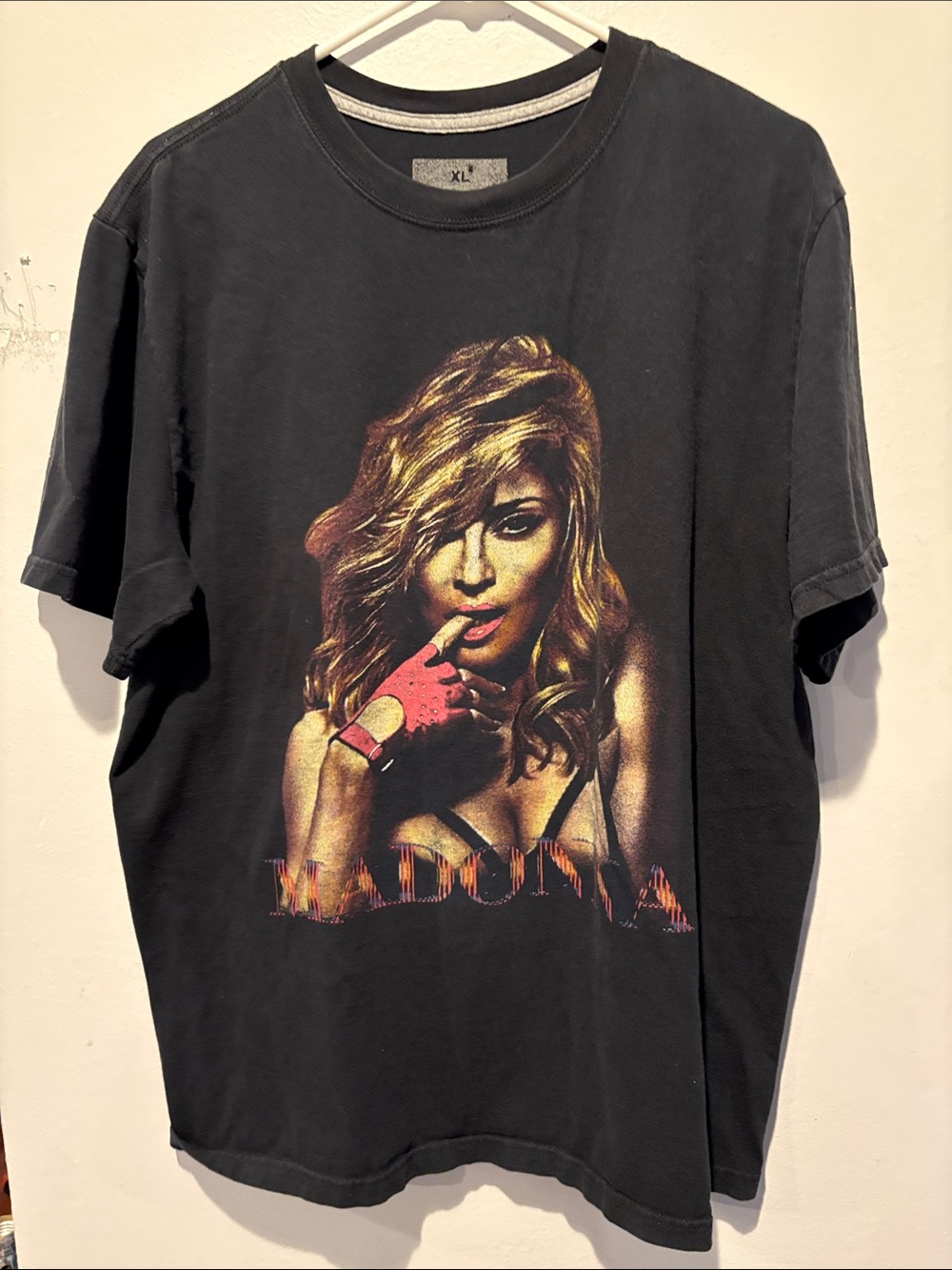 Adonna Black Tee with Gold Portrait and Pink Glove